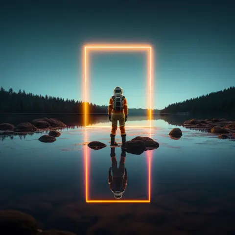 Astronaut Lake Shore Neon Rectangle