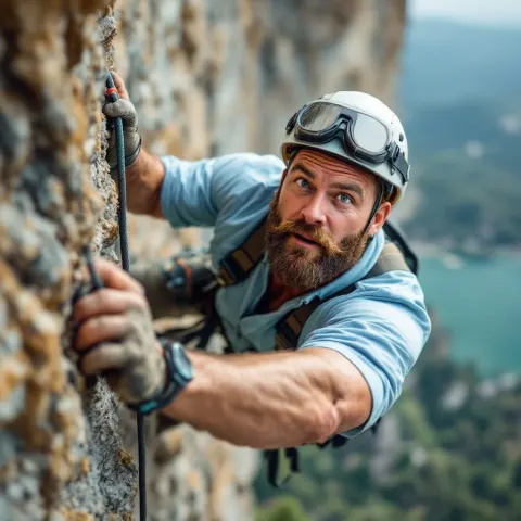 Man Climbing Steep Cliff Blue Shirt