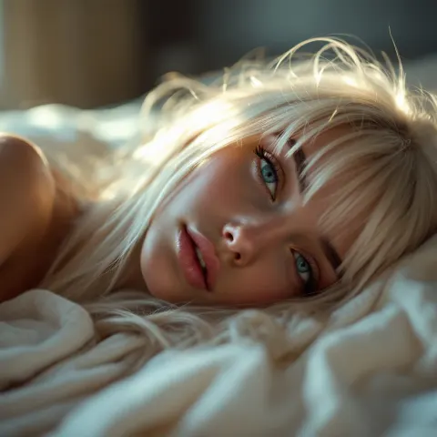 Platinum Blonde Girl Bed Lens Flare