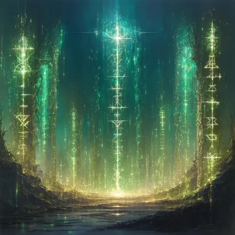 Armored Core Mech Wreathed in Glowing Runes