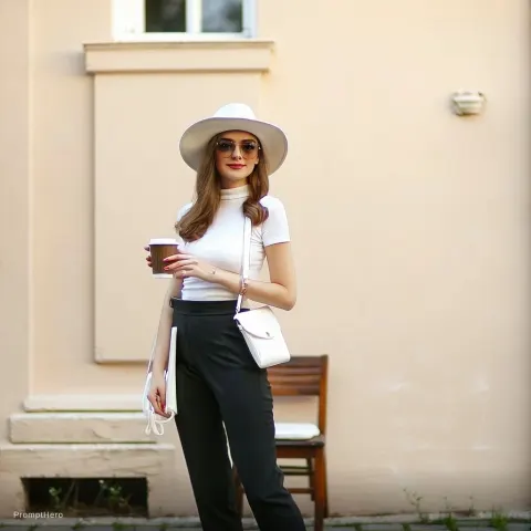 Woman White Hat Cup Elegant Pose