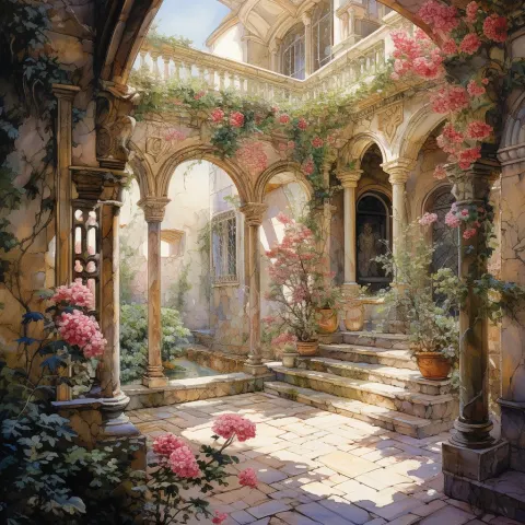 Flower Garden Courtyard Watercolor