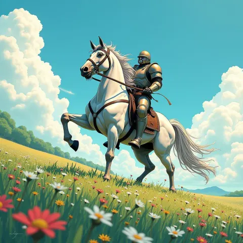 Armored Horse Rearing in a Wildflower Meadow