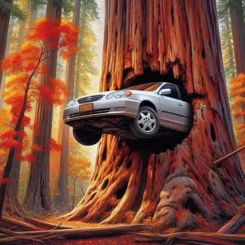 Toyota Corolla in Redwood Tree Illustration
