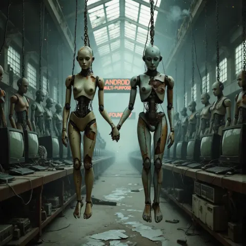 Broken Androids Hanging In Ruined Factory