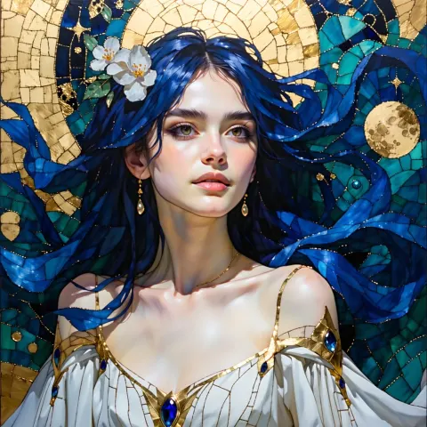 Klimt Style Blue Hair Portrait