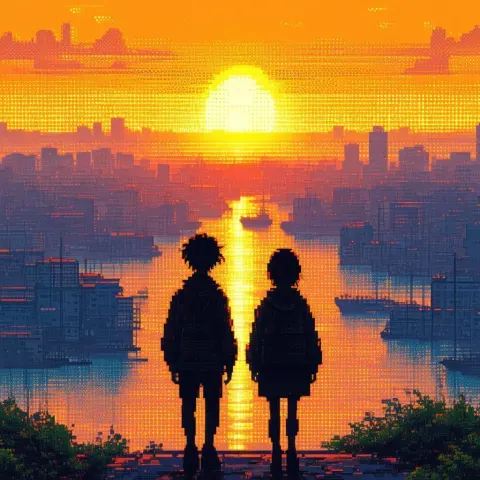 Pixel Silhouettes Watching a Harbor Sunset