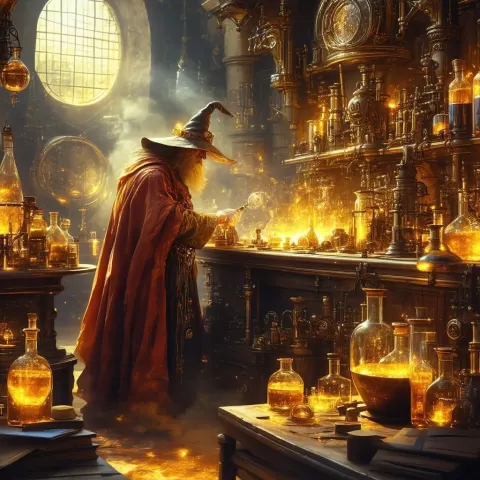 Alchemical Wizard Bathed in Golden Laboratory Light