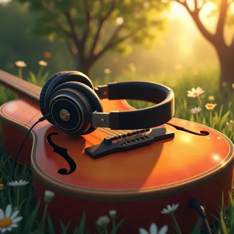 Headphones on a Vintage Guitar in Ghibli Warmth