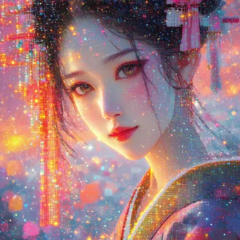 Japanese Beauty Beneath a Pixelated Starry Sky