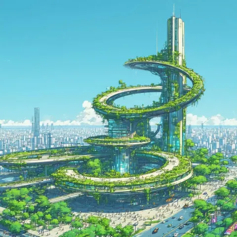 Green Wrapped Circular Tower in Future City