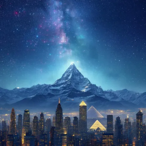 Manhattan Spires Beneath Everest and the Pyramid