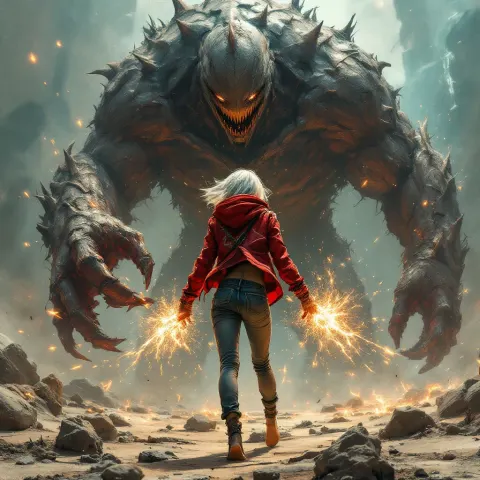 Girl Fighting Giant Monster