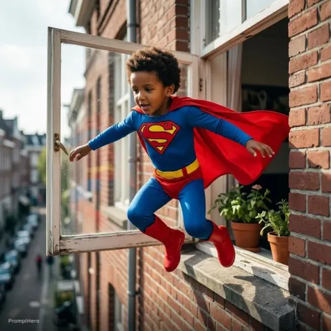 Boy Superman Costume Window Jump