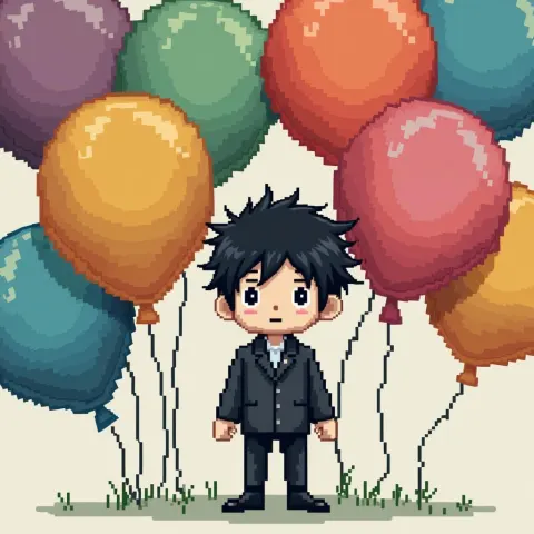 Monochrome Figure Amid Colorful Blocky Balloons