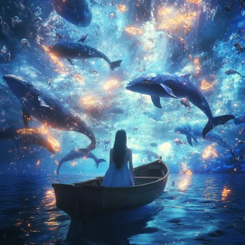 Woman Boat Flying Aquatic Creatures