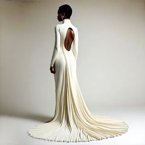 Woman Cream Dress Flowing Train