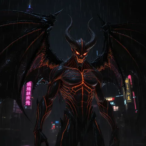 Photorealistic Cyberpunk Demon With Dark Wings