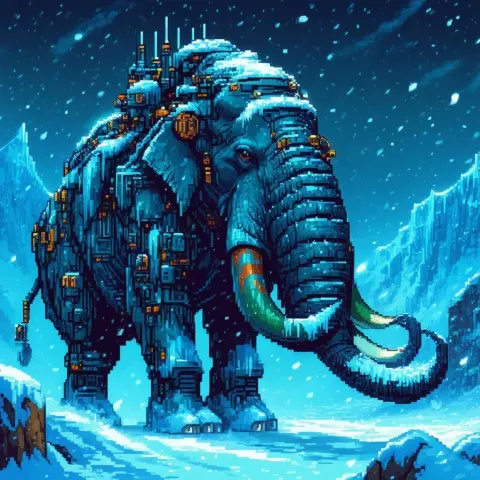 Steampunk Mammoth Marching Through Pixel Snowstorm