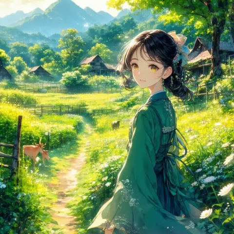 Manga Girl Wandering a Lush Golden Farm
