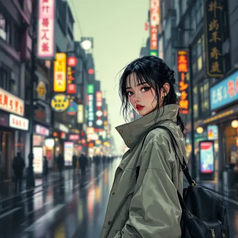 Japanese Woman Raincoat Anime
