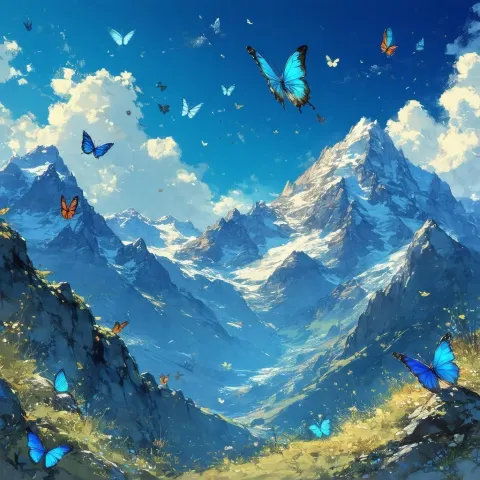Ethereal Butterflies Over Anime Mountain Peaks