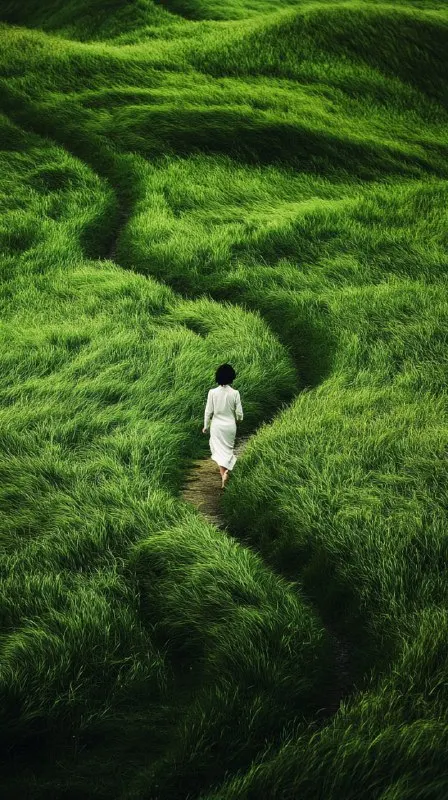 Young Woman Walking in Lush Grassfields