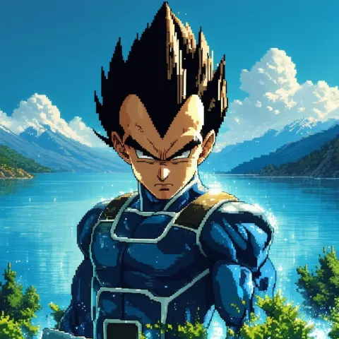 Vegeta in Dramatic Pixel Lakeside Light