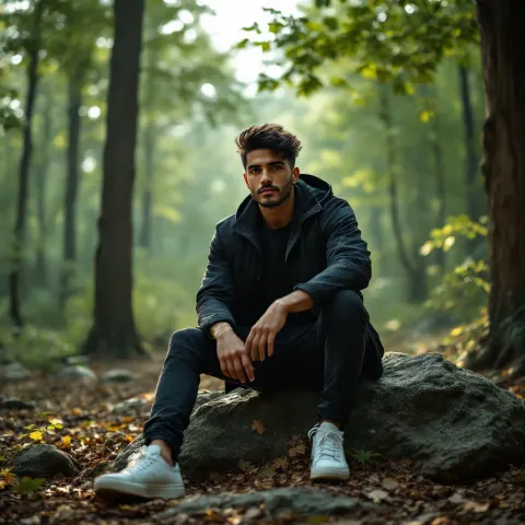 Man Sitting Rock Forest Golden Hour