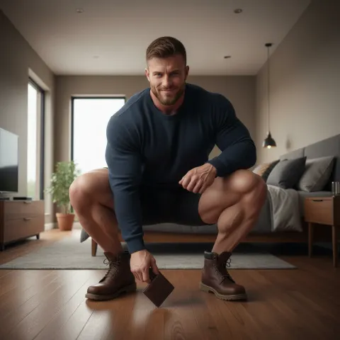Bodybuilder Man Bedroom Squatting