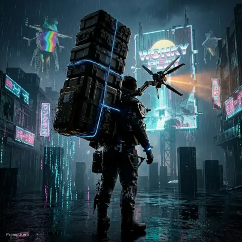 Burdened Porter In Neon Ruined City