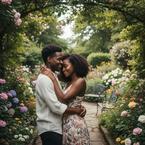 Black Couple Embrace Garden