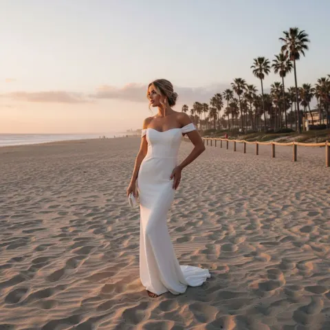 Blonde Woman White Gown Beach