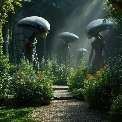 Aliens Wandering a Serene Garden at Dusk