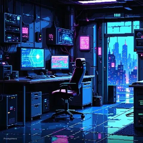 Cyberpunk Room Computer Pixel Art