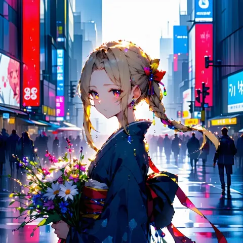 Anime Girl Kimono Flowers City Street