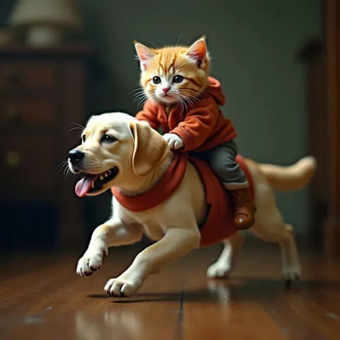 Tiny Cat Riding a Labrador in Cinema