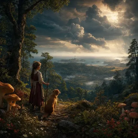 Girl Dog Flowers Mushrooms Landscape Storm