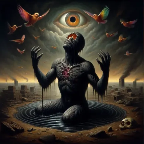 Humanoid Figure Melting Birds Floating