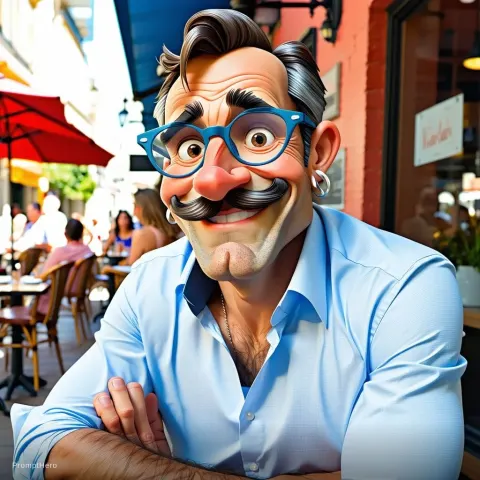Man Cafe Caricature Mustache Glasses