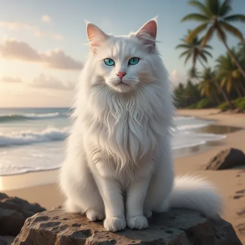 White Cat Turquoise Eyes Beach Rock