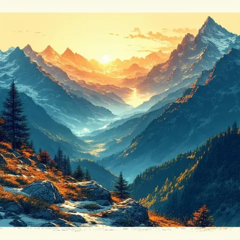 Mountain Sunset Drawn in Precise Technical Lines