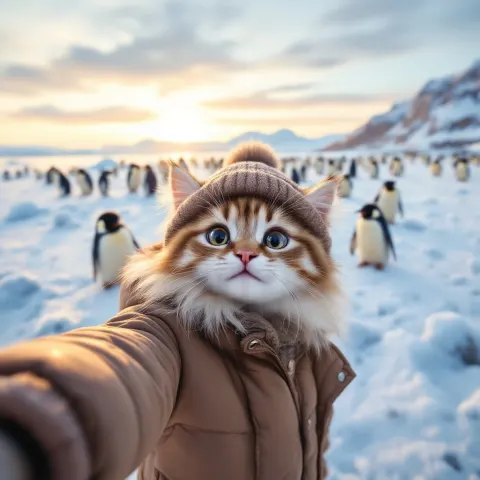 Cat Penguins Snow Selfie Cute