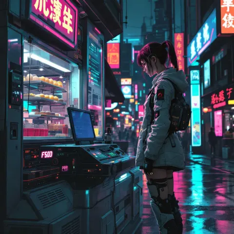 Cyberpunk Girl Food Vendor Futurism