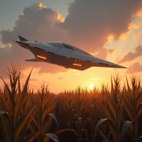 Glowing Spaceship Hovering Over Twilight Cornfields