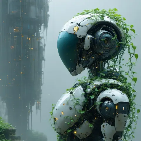 Vine Wrapped Robot in Shadowy Digital Paint