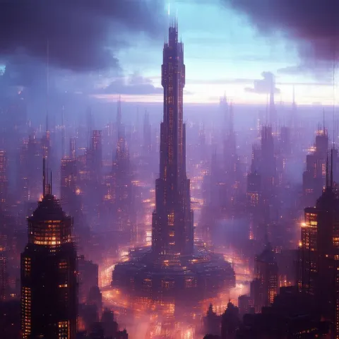 Grainy Futuristic City With Central Tower