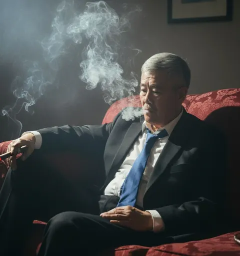 Man Crimson Sofa Smoke Dark Noir