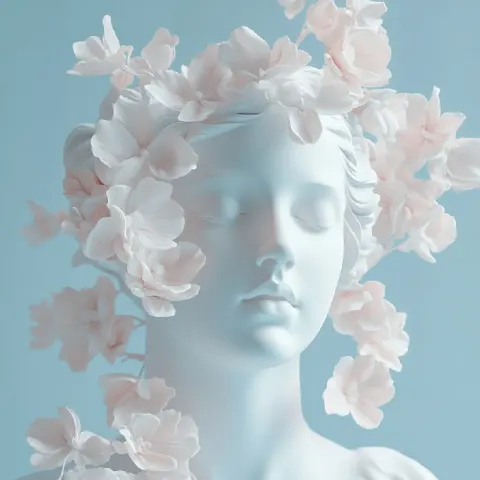 Serene Woman’s Head with Floating Flowers