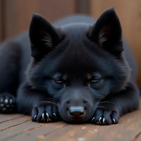 Black Wolf Puppy Sleeping in Soft Shadow